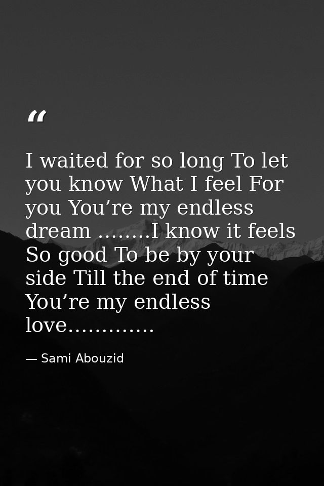 I waited for so long To let you know What I feel For you You’re my endless dream ……..I know it feels So good To be by yo — Sami Abouzid