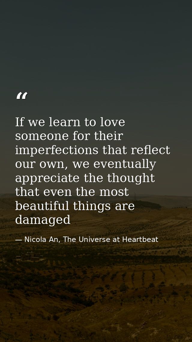 If we learn to love someone for their imperfections that reflect our own, we eventually appreciate the thought that even — Nicola An, The Universe at Heartbeat