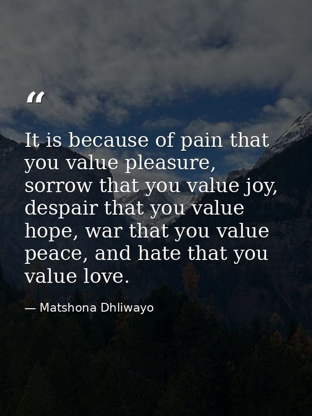 It is because of pain that you value pleasure, sorrow that you value joy, despair that you value hope, war that you valu — Matshona Dhliwayo