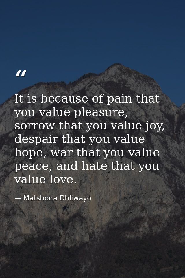 It is because of pain that you value pleasure, sorrow that you value joy, despair that you value hope, war that you valu — Matshona Dhliwayo