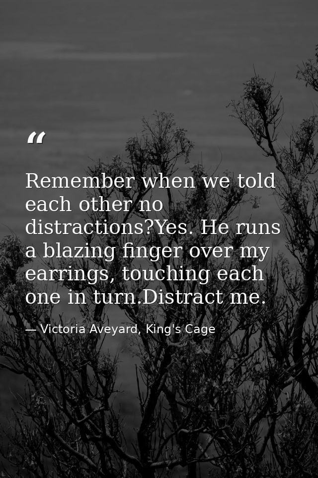 Remember when we told each other no distractions?Yes. He runs a blazing finger over my earrings, touching each one in tu — Victoria Aveyard, King's Cage