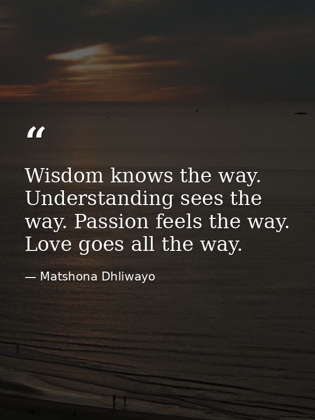 Wisdom knows the way. Understanding sees the way. Passion feels the way. Love goes all the way. — Matshona Dhliwayo