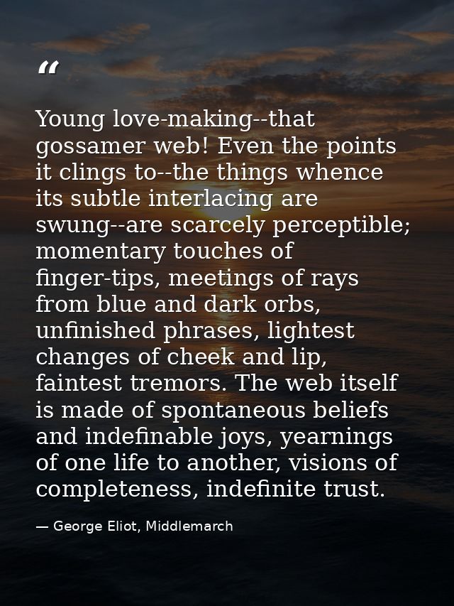 Young love-making--that gossamer web! Even the points it clings to--the things whence its subtle interlacing are swung-- — George Eliot, Middlemarch
