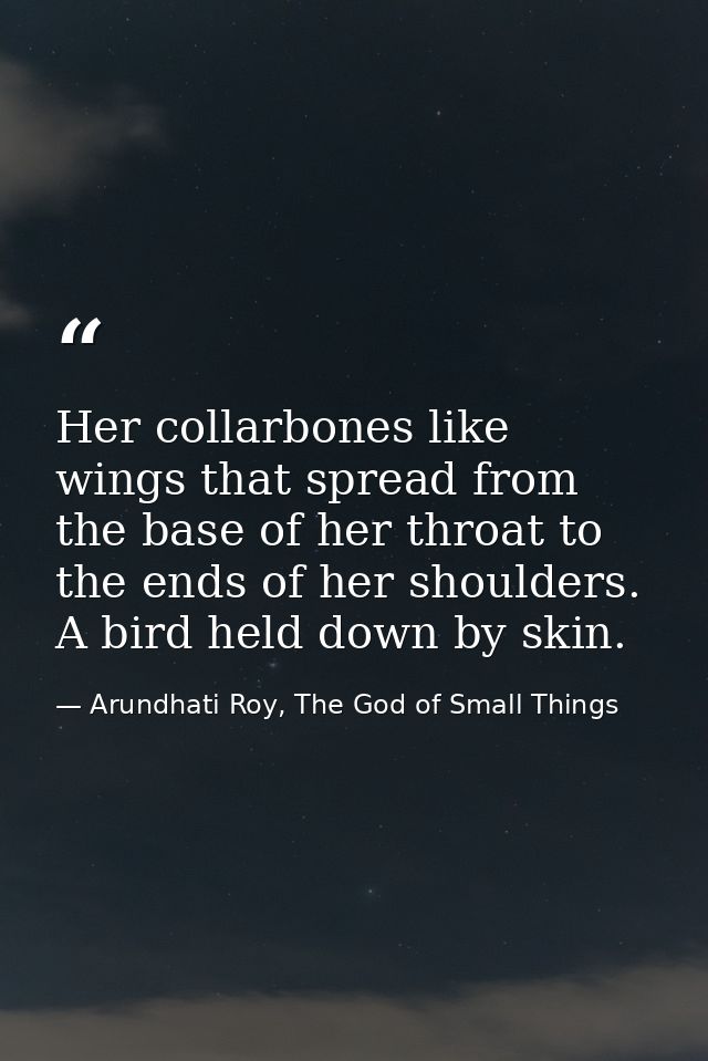 Her collarbones like wings that spread from the base of her throat to the ends of her shoulders. A bird held down by ski — Arundhati Roy, The God of Small Things
