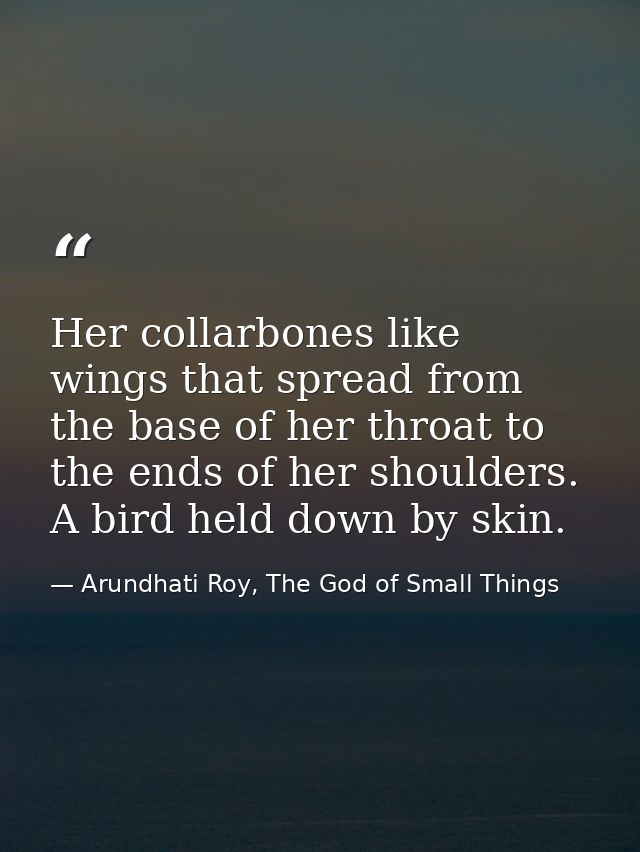 Her collarbones like wings that spread from the base of her throat to the ends of her shoulders. A bird held down by ski — Arundhati Roy, The God of Small Things