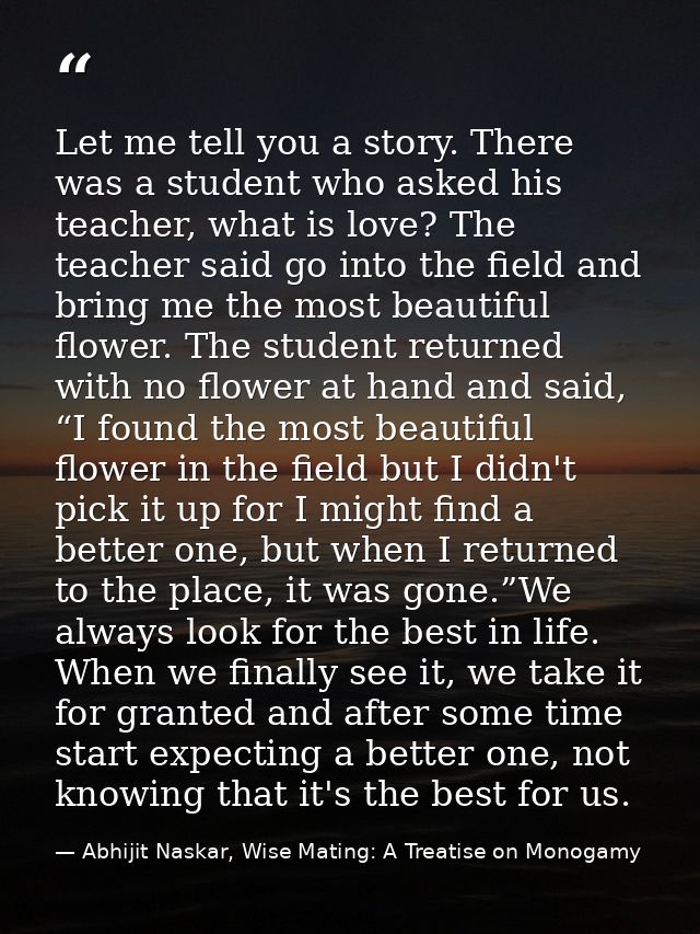 Let me tell you a story. There was a student who asked his teacher, what is love? The teacher said go into the field and — Abhijit Naskar, Wise Mating: A Treatise on Monogamy