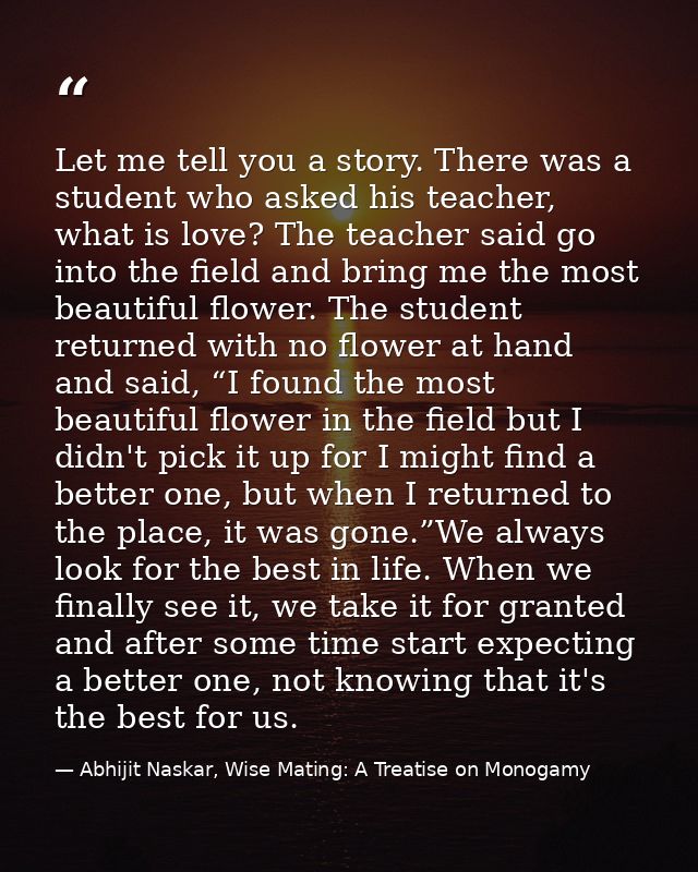 Let me tell you a story. There was a student who asked his teacher, what is love? The teacher said go into the field and — Abhijit Naskar, Wise Mating: A Treatise on Monogamy