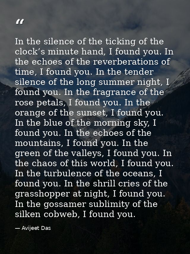 In the silence of the ticking of the clock’s minute hand, I found you. In the echoes of the reverberations of time, I fo — Avijeet Das