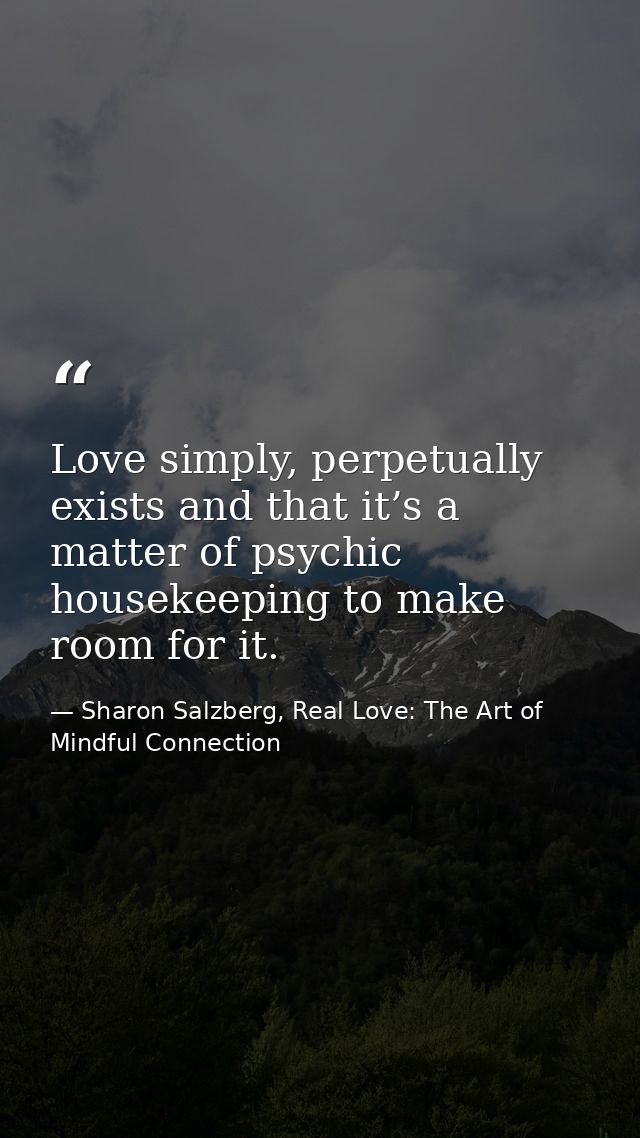 Love simply, perpetually exists and that it’s a matter of psychic housekeeping to make room for it. — Sharon Salzberg, Real Love: The Art of Mindful Connection