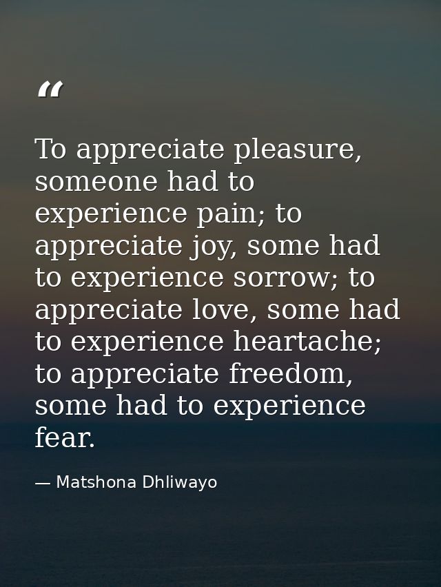 To appreciate pleasure, someone had to experience pain; to appreciate joy, some had to experience sorrow; to appreciate  — Matshona Dhliwayo