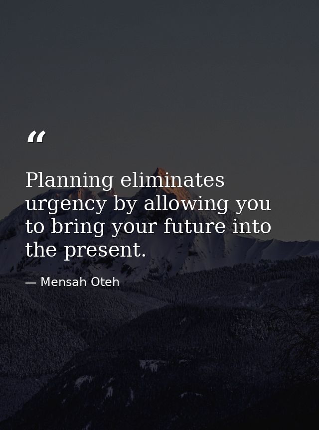 Planning eliminates urgency by allowing you to bring your future into the present. — Mensah Oteh