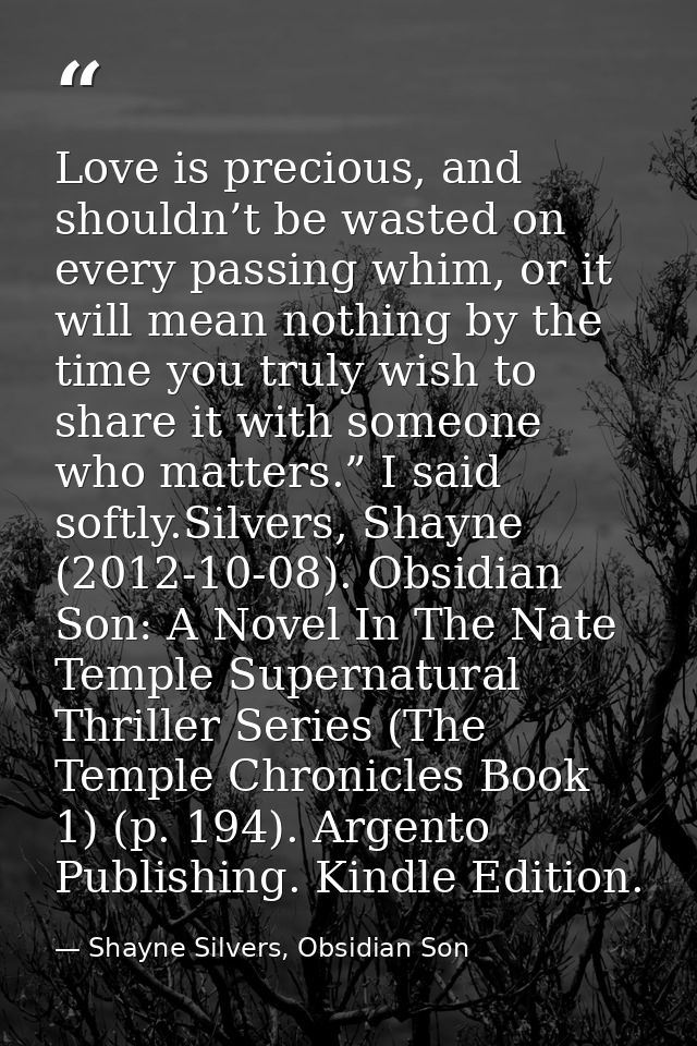 Love is precious, and shouldn’t be wasted on every passing whim, or it will mean nothing by the time you truly wish to s — Shayne Silvers, Obsidian Son