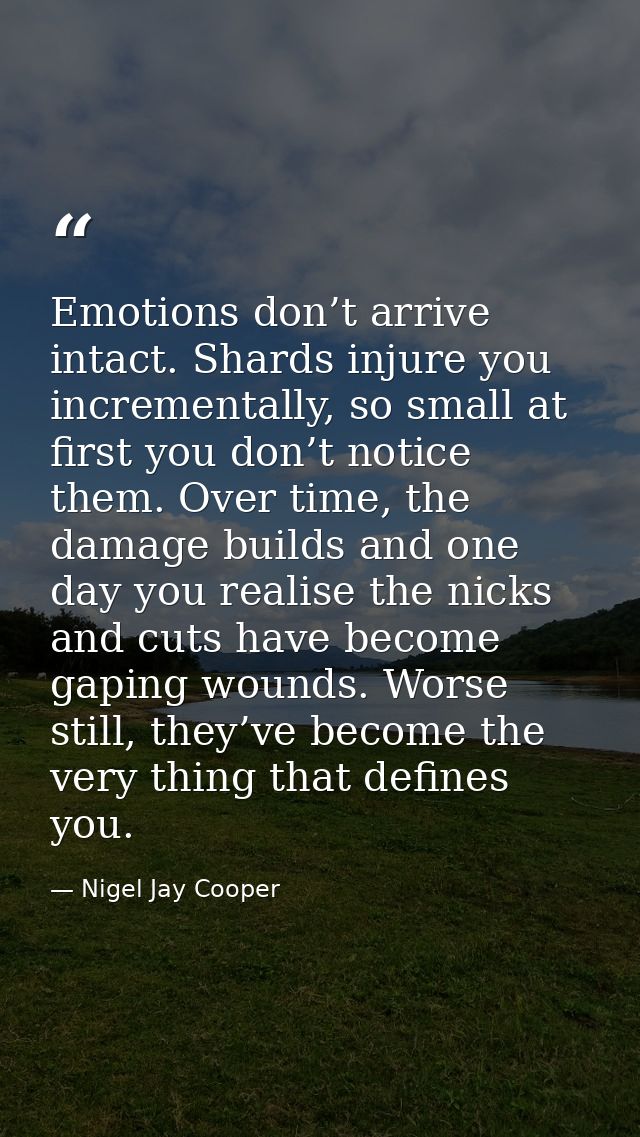 Emotions don’t arrive intact. Shards injure you incrementally, so small at first you don’t notice them. Over time, the d — Nigel Jay Cooper
