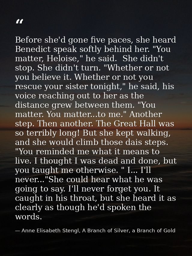 Before she'd gone five paces, she heard Benedict speak softly behind her. "You matter, Heloise," he said.  She didn't st — Anne Elisabeth Stengl, A Branch of Silver, a Branch of Gold
