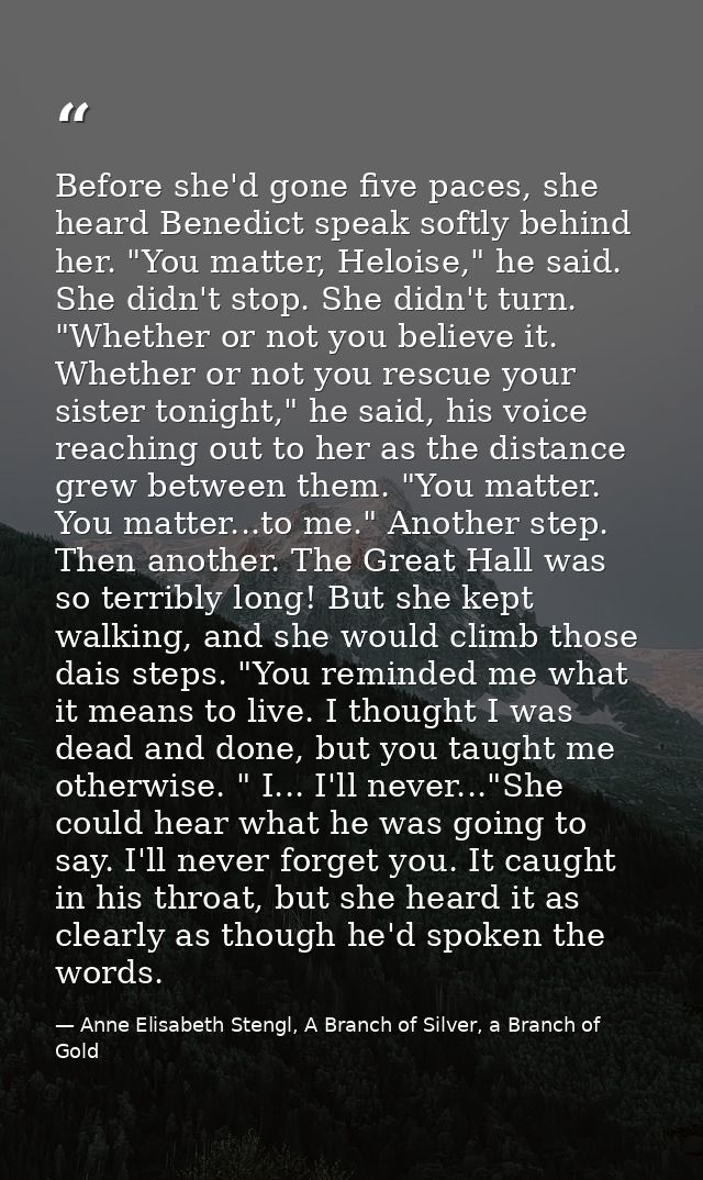 Before she'd gone five paces, she heard Benedict speak softly behind her. "You matter, Heloise," he said.  She didn't st — Anne Elisabeth Stengl, A Branch of Silver, a Branch of Gold