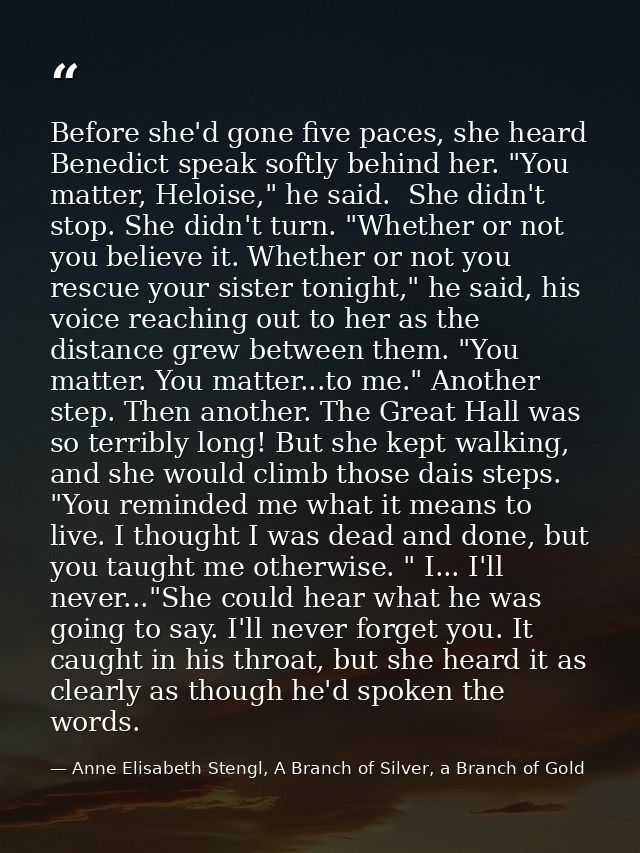 Before she'd gone five paces, she heard Benedict speak softly behind her. "You matter, Heloise," he said.  She didn't st — Anne Elisabeth Stengl, A Branch of Silver, a Branch of Gold