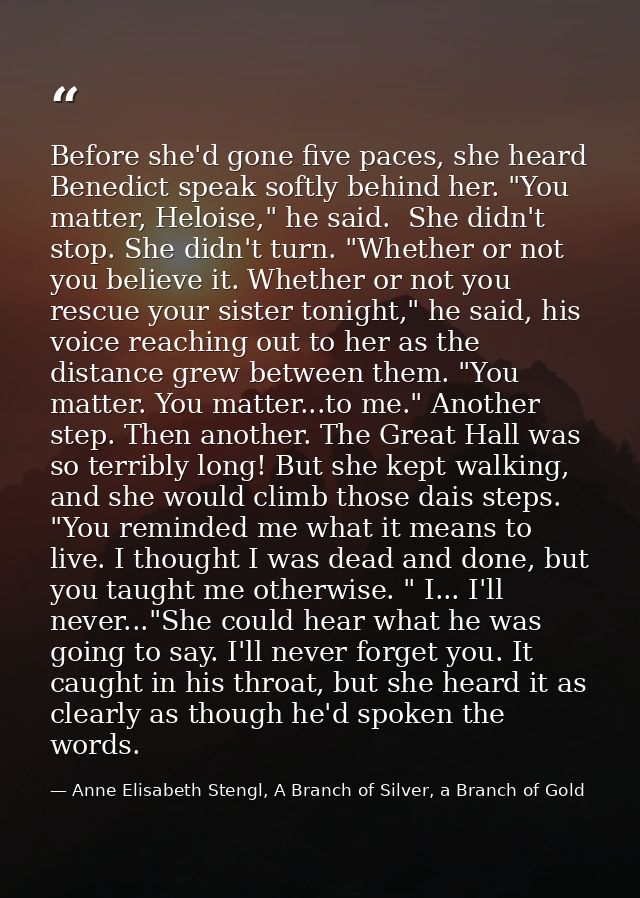 Before she'd gone five paces, she heard Benedict speak softly behind her. "You matter, Heloise," he said.  She didn't st — Anne Elisabeth Stengl, A Branch of Silver, a Branch of Gold