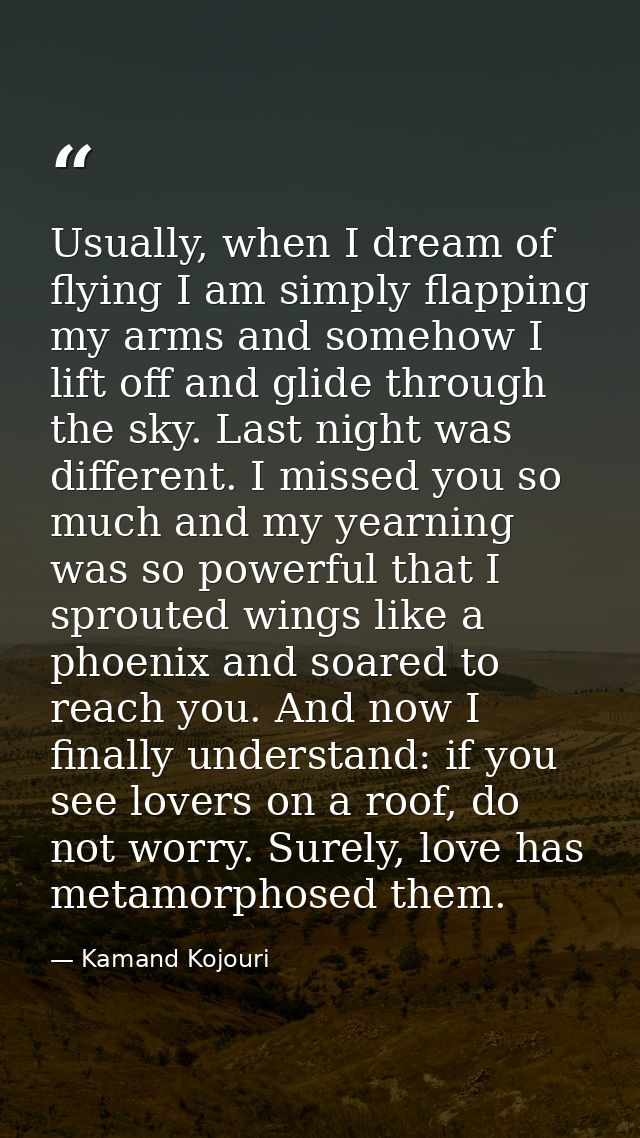 Usually, when I dream of flying I am simply flapping my arms and somehow I lift off and glide through the sky. Last nigh — Kamand Kojouri