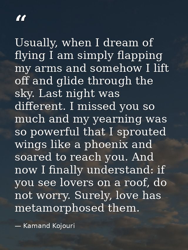 Usually, when I dream of flying I am simply flapping my arms and somehow I lift off and glide through the sky. Last nigh — Kamand Kojouri