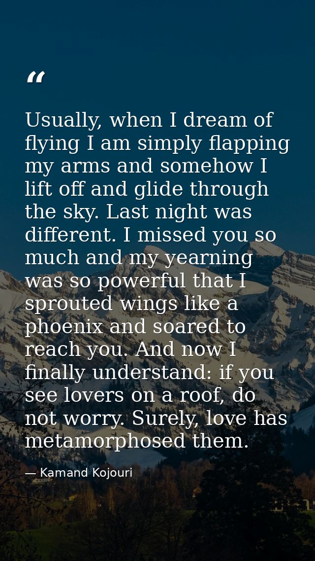 Usually, when I dream of flying I am simply flapping my arms and somehow I lift off and glide through the sky. Last nigh — Kamand Kojouri