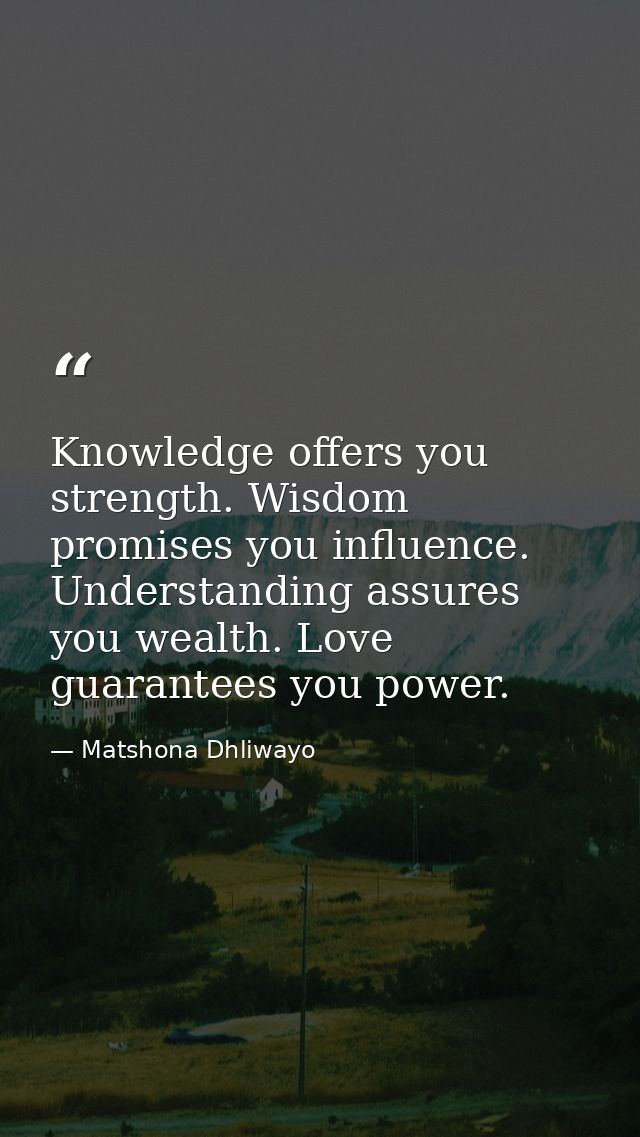 Knowledge offers you strength. Wisdom promises you influence. Understanding assures you wealth. Love guarantees you powe — Matshona Dhliwayo