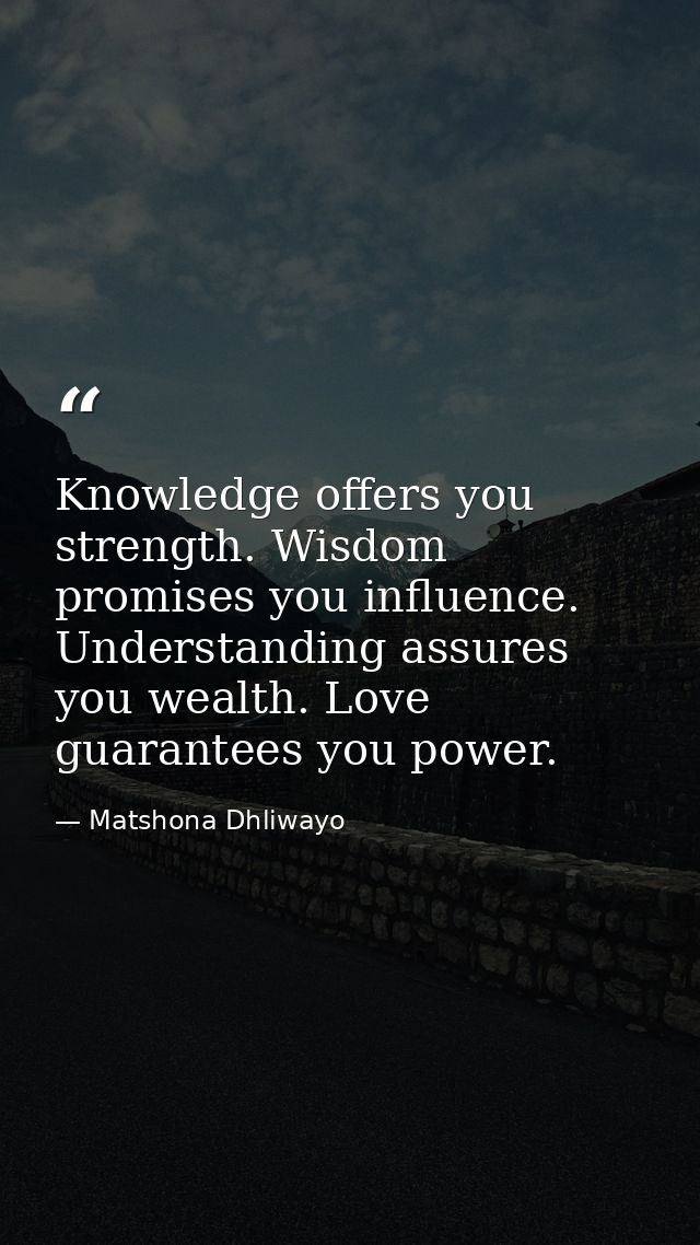 Knowledge offers you strength. Wisdom promises you influence. Understanding assures you wealth. Love guarantees you powe — Matshona Dhliwayo