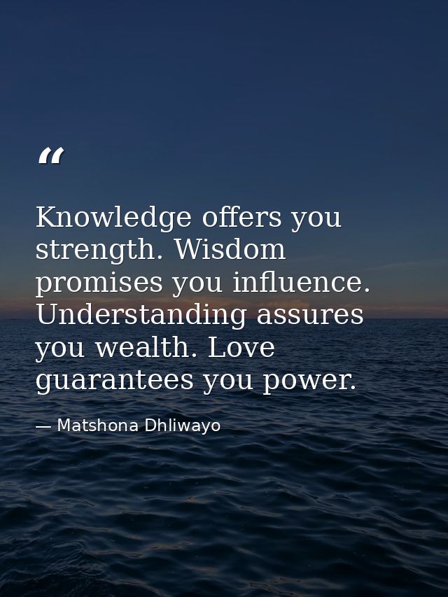 Knowledge offers you strength. Wisdom promises you influence. Understanding assures you wealth. Love guarantees you powe — Matshona Dhliwayo
