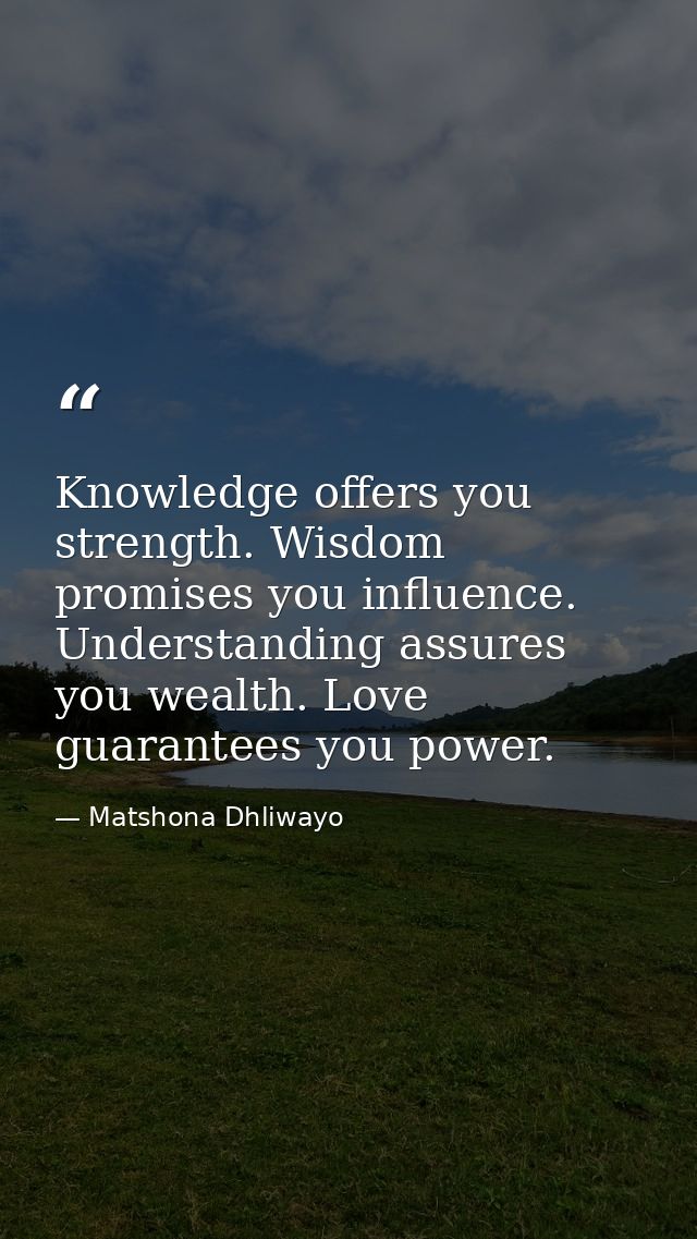 Knowledge offers you strength. Wisdom promises you influence. Understanding assures you wealth. Love guarantees you powe — Matshona Dhliwayo