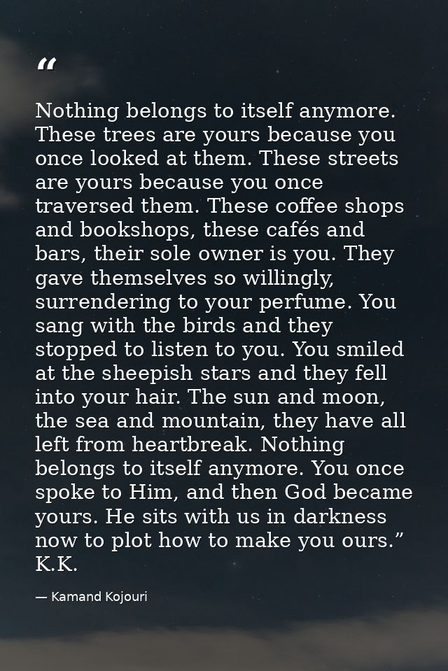 Nothing belongs to itself anymore. These trees are yours because you once looked at them. These streets are yours becaus — Kamand Kojouri