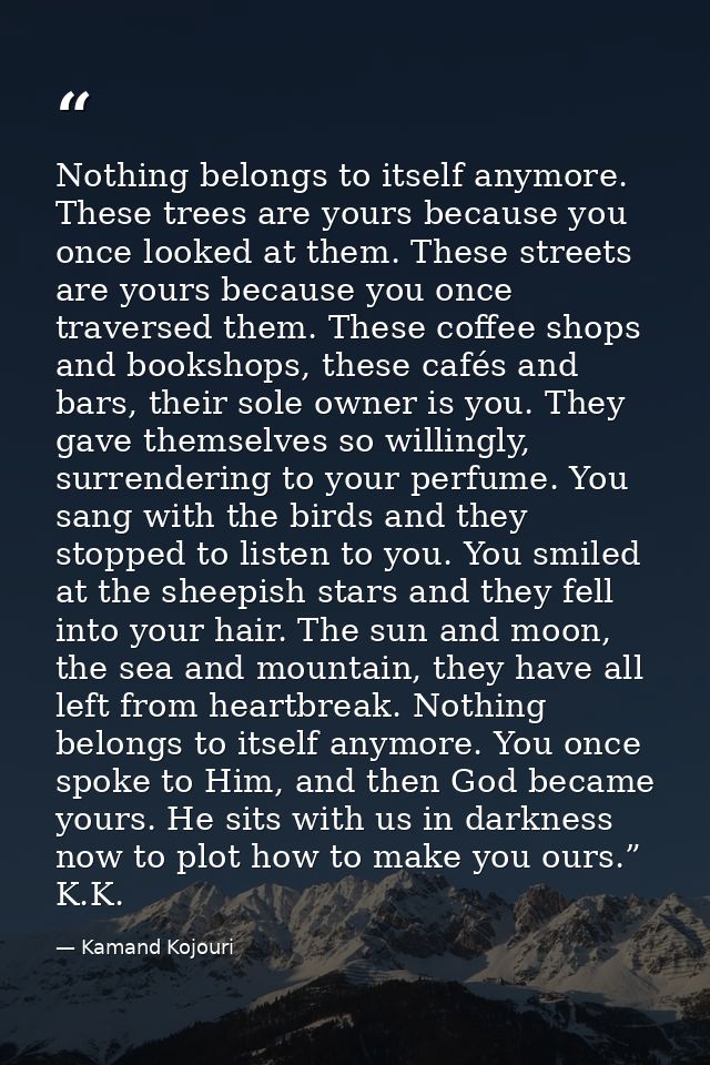 Nothing belongs to itself anymore. These trees are yours because you once looked at them. These streets are yours becaus — Kamand Kojouri