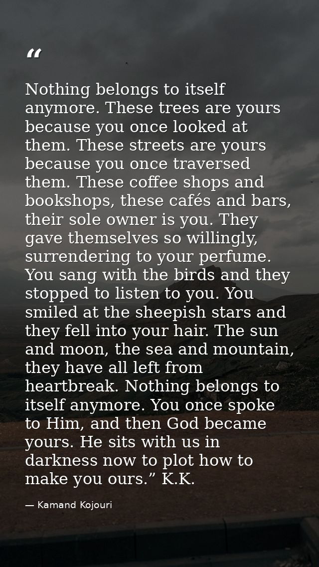 Nothing belongs to itself anymore. These trees are yours because you once looked at them. These streets are yours becaus — Kamand Kojouri