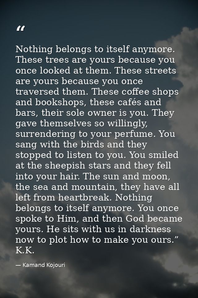 Nothing belongs to itself anymore. These trees are yours because you once looked at them. These streets are yours becaus — Kamand Kojouri
