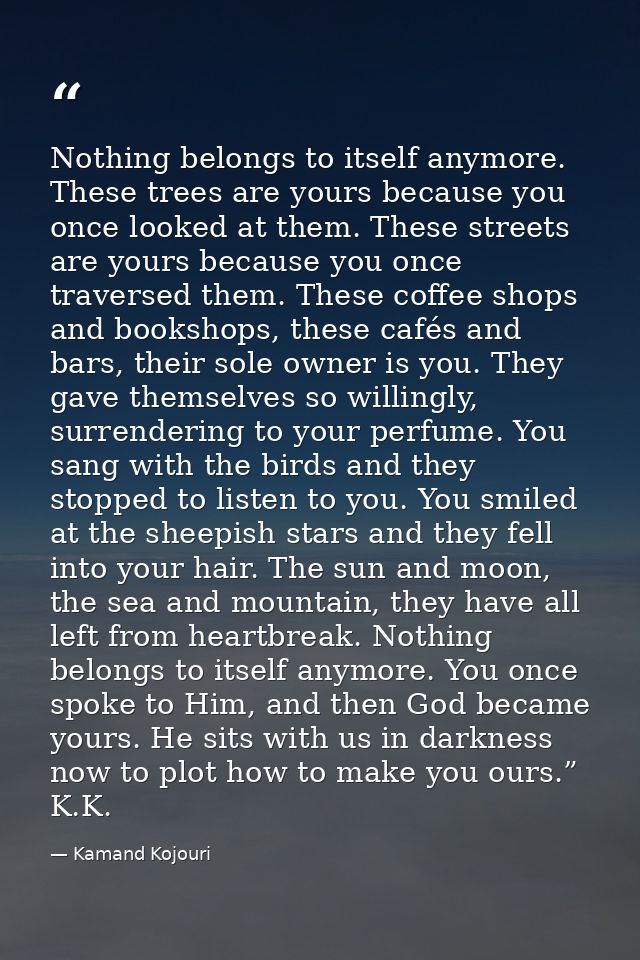 Nothing belongs to itself anymore. These trees are yours because you once looked at them. These streets are yours becaus — Kamand Kojouri