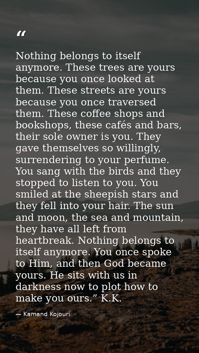 Nothing belongs to itself anymore. These trees are yours because you once looked at them. These streets are yours becaus — Kamand Kojouri