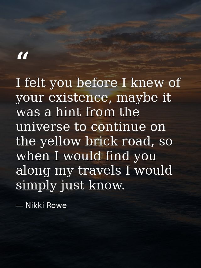 I felt you before I knew of your existence, maybe it was a hint from the universe to continue on the yellow brick road,  — Nikki Rowe