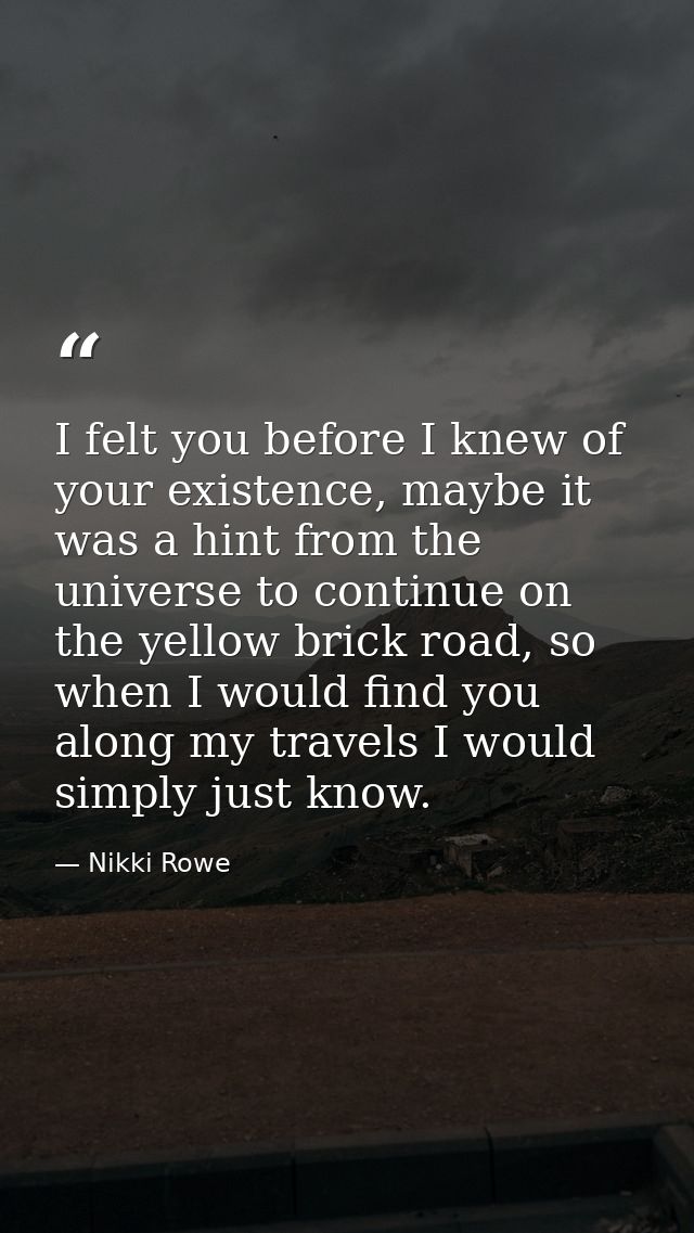 I felt you before I knew of your existence, maybe it was a hint from the universe to continue on the yellow brick road,  — Nikki Rowe