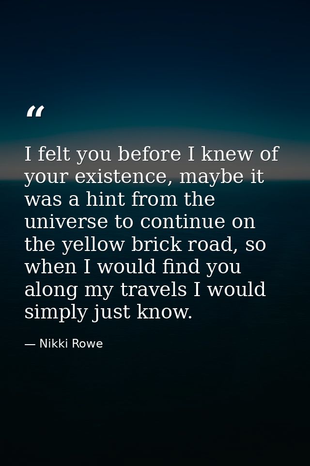 I felt you before I knew of your existence, maybe it was a hint from the universe to continue on the yellow brick road,  — Nikki Rowe