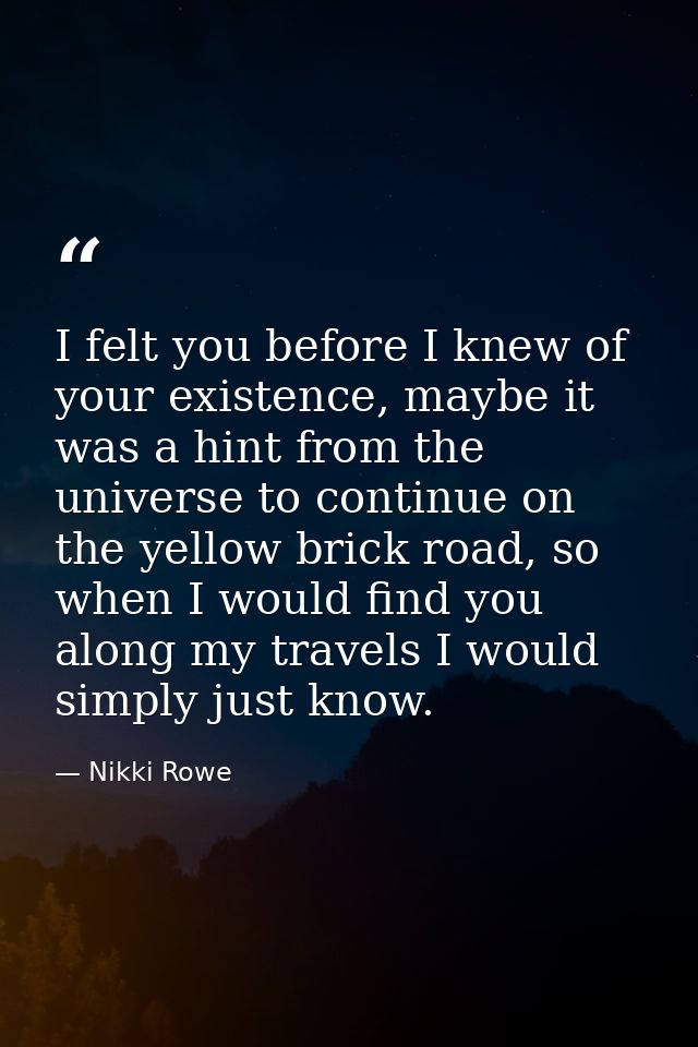 I felt you before I knew of your existence, maybe it was a hint from the universe to continue on the yellow brick road,  — Nikki Rowe
