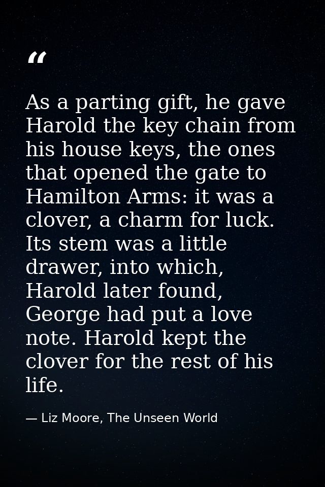 As a parting gift, he gave Harold the key chain from his house keys, the ones that opened the gate to Hamilton Arms: it  — Liz Moore, The Unseen World