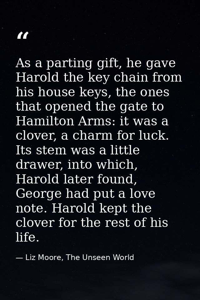 As a parting gift, he gave Harold the key chain from his house keys, the ones that opened the gate to Hamilton Arms: it  — Liz Moore, The Unseen World