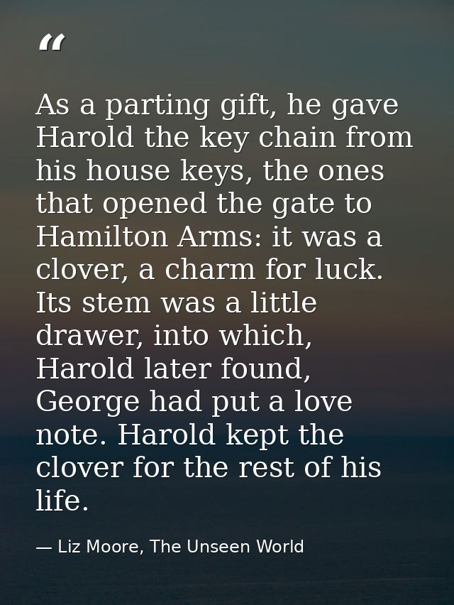 As a parting gift, he gave Harold the key chain from his house keys, the ones that opened the gate to Hamilton Arms: it  — Liz Moore, The Unseen World