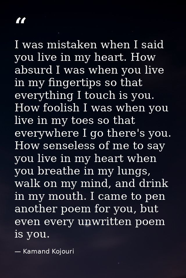I was mistaken when I said you live in my heart. How absurd I was when you live in my fingertips so that everything I to — Kamand Kojouri
