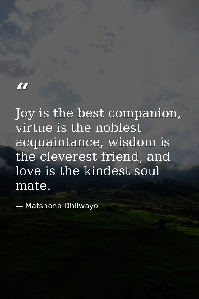 Joy is the best companion, virtue is the noblest acquaintance, wisdom is the cleverest friend, and love is the kindest s — Matshona Dhliwayo