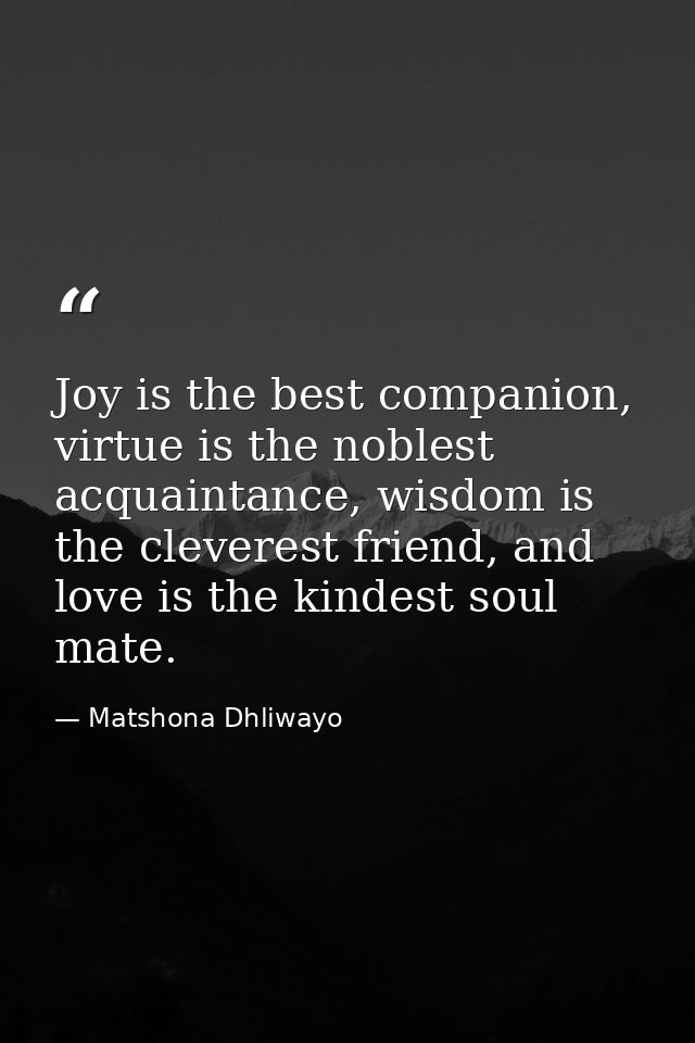 Joy is the best companion, virtue is the noblest acquaintance, wisdom is the cleverest friend, and love is the kindest s — Matshona Dhliwayo