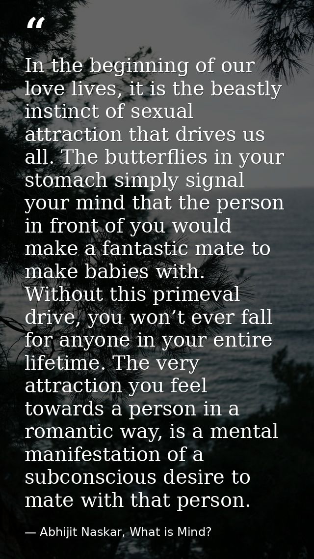 In the beginning of our love lives, it is the beastly instinct of sexual attraction that drives us all. The butterflies  — Abhijit Naskar, What is Mind?