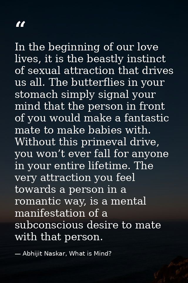 In the beginning of our love lives, it is the beastly instinct of sexual attraction that drives us all. The butterflies  — Abhijit Naskar, What is Mind?