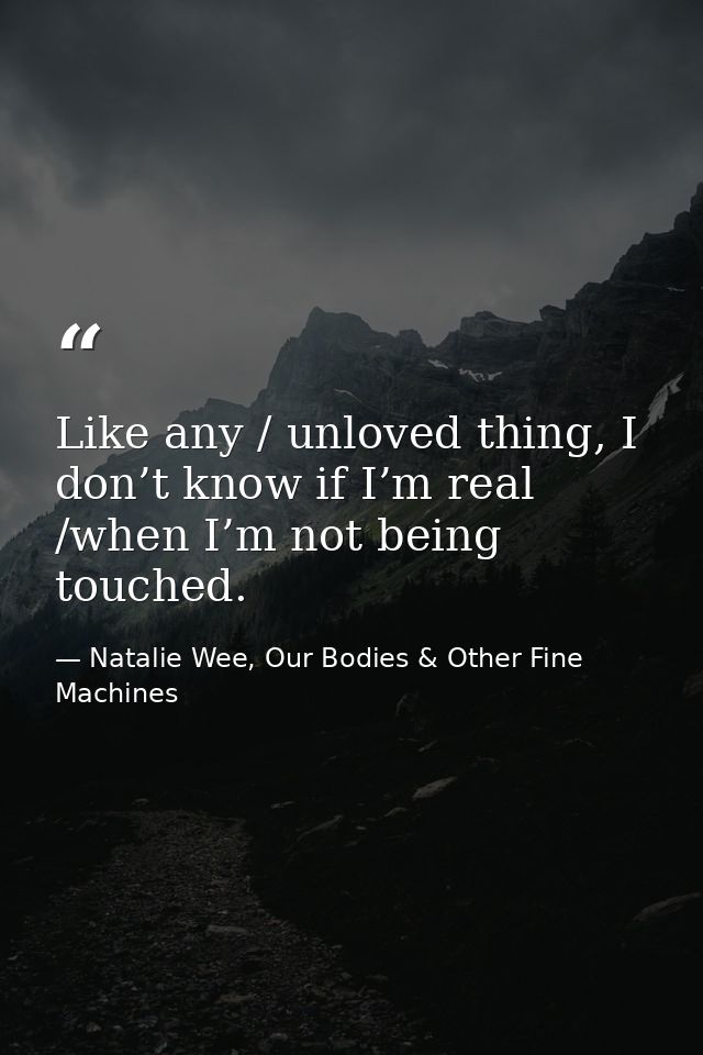 Like any / unloved thing, I don’t know if I’m real /when I’m not being touched. — Natalie Wee, Our Bodies & Other Fine Machines
