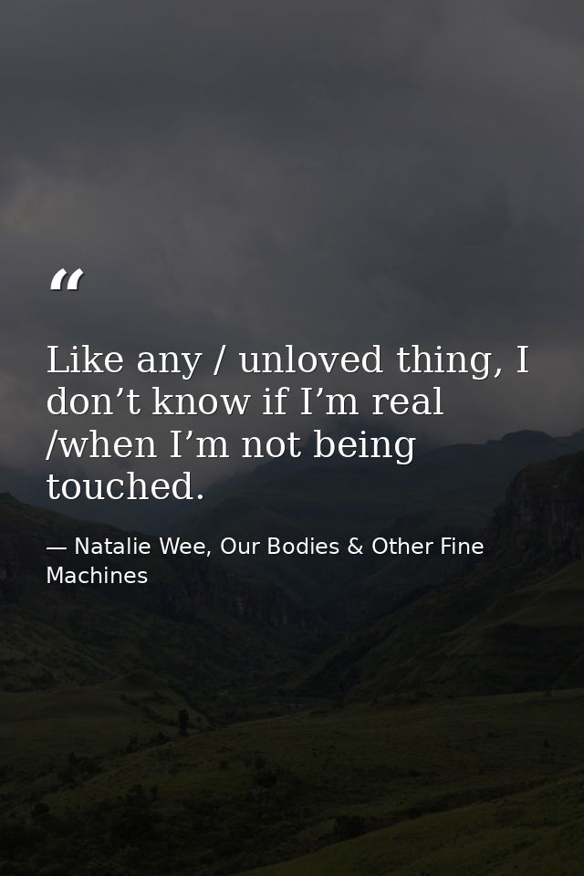 Like any / unloved thing, I don’t know if I’m real /when I’m not being touched. — Natalie Wee, Our Bodies & Other Fine Machines