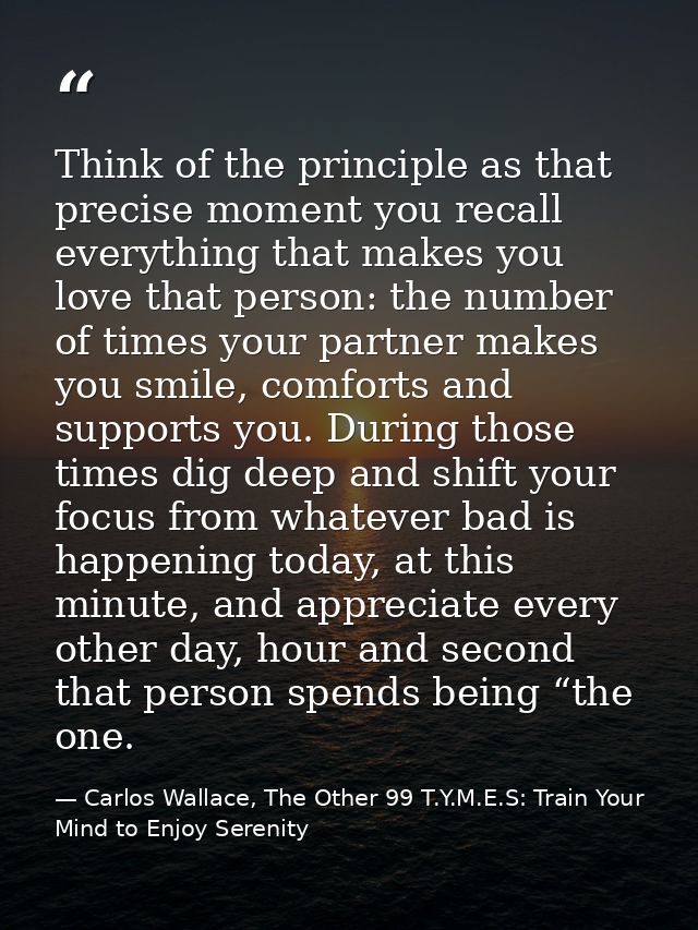 Think of the principle as that precise moment you recall everything that makes you love that person: the number of times — Carlos Wallace, The Other 99 T.Y.M.E.S: Train Your Mind to Enjoy Serenity