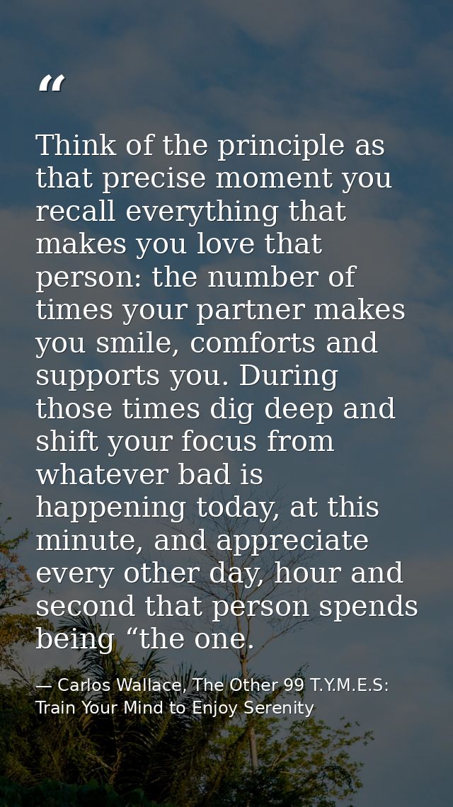 Think of the principle as that precise moment you recall everything that makes you love that person: the number of times — Carlos Wallace, The Other 99 T.Y.M.E.S: Train Your Mind to Enjoy Serenity